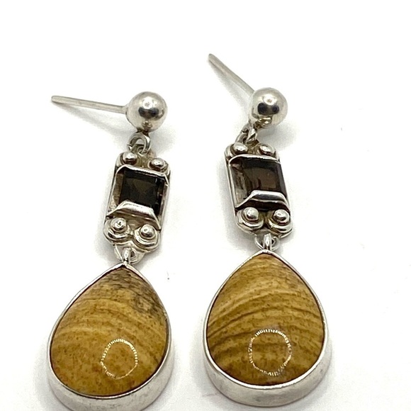 Sterling Silver Vintage Earrings Amethyst and Petrified Wood? Drops Dangles - Picture 11 of 12